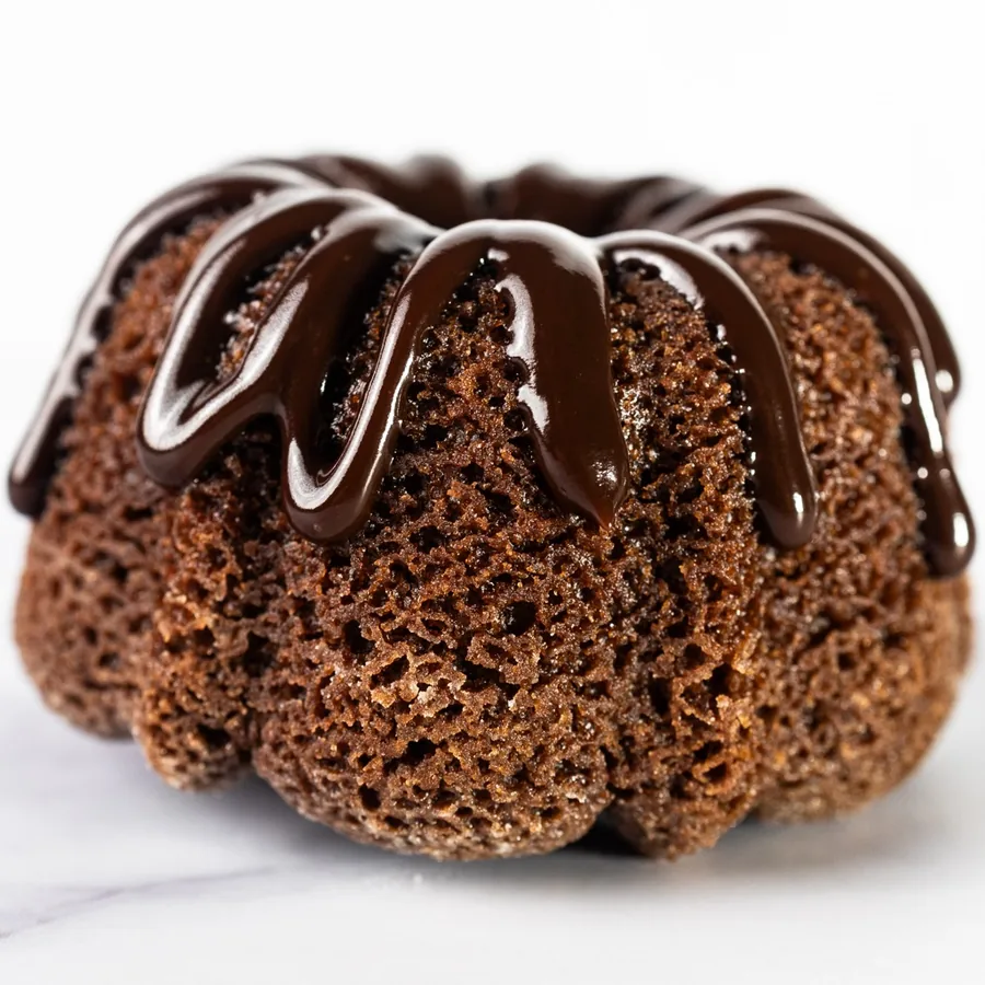 A chocolate mini bundt cake with thick chocolate glaze running down its ridges.